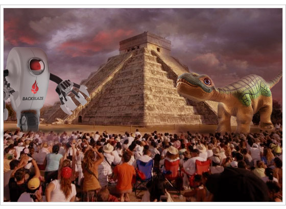 Mayan pyramid with Backblaze robot and dinosaur