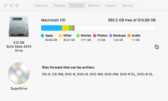 Mac storage dialog showing SSD