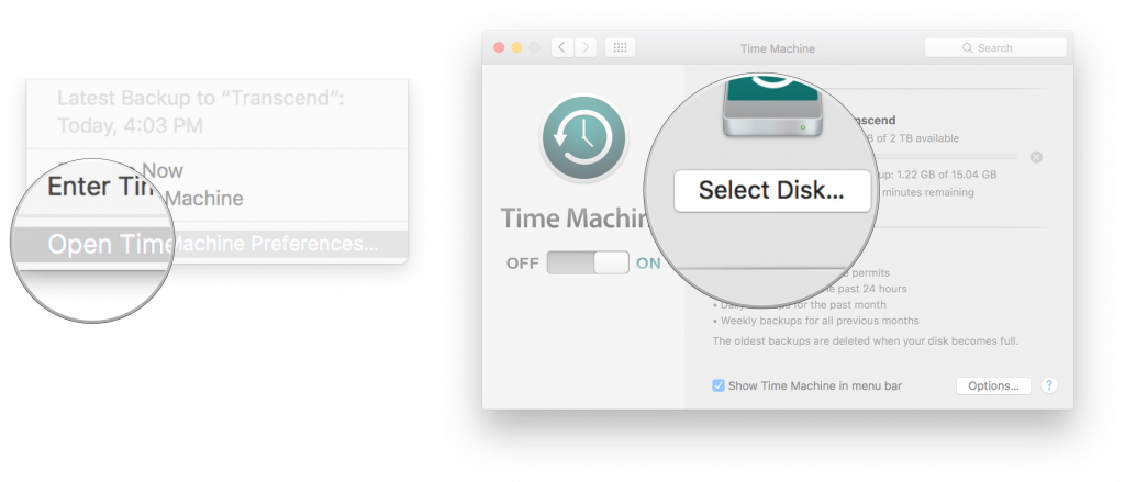 Time Machine dialog showing opening preferences