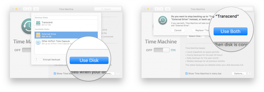 Time Machine dialog showing disk preferences