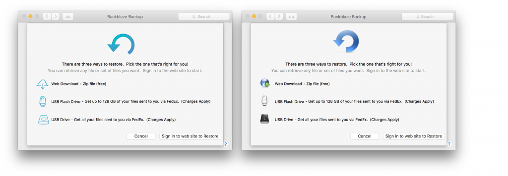 Backblaze Retina Restore Options 2