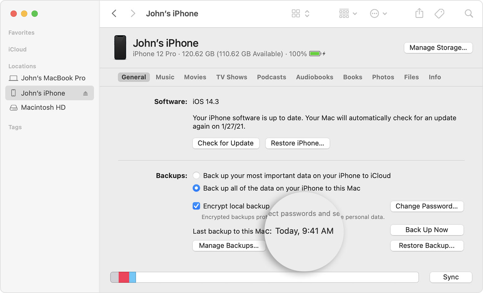 screenshot of iPhone backup to Mac