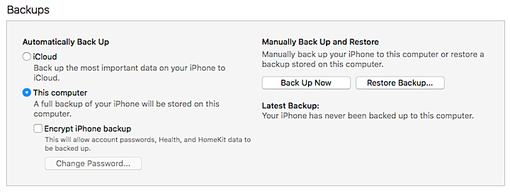 screenshot of iTunes backup