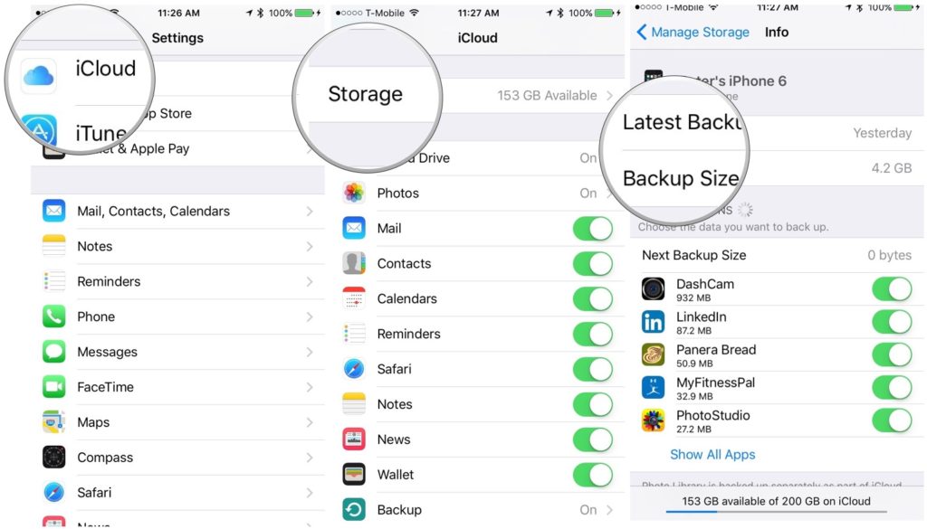 screenshot of iCloud backups