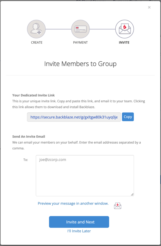A screenshot of a Backblaze account showing how to invite Group members.