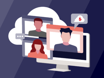 A decorative image showing faces on laptop screens.