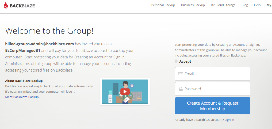Backblze for Business Group Invite