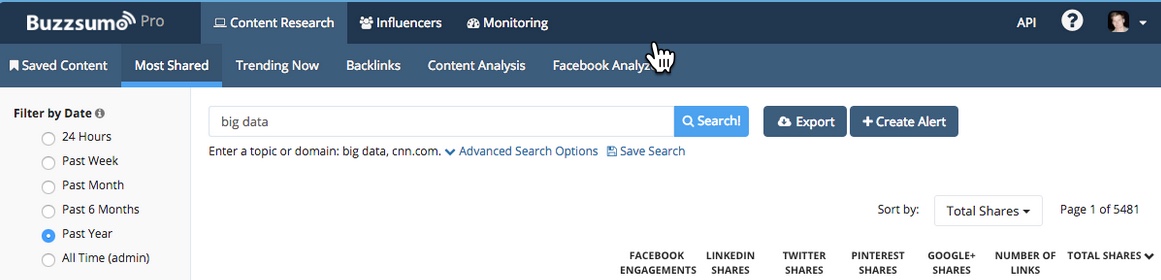 Buzzsumo search for most shared by date