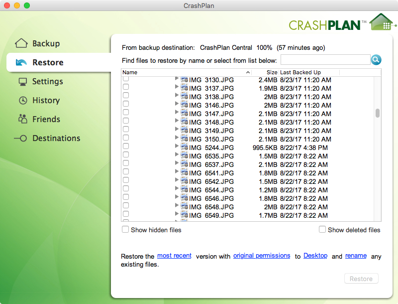 Restore files from Crashplan