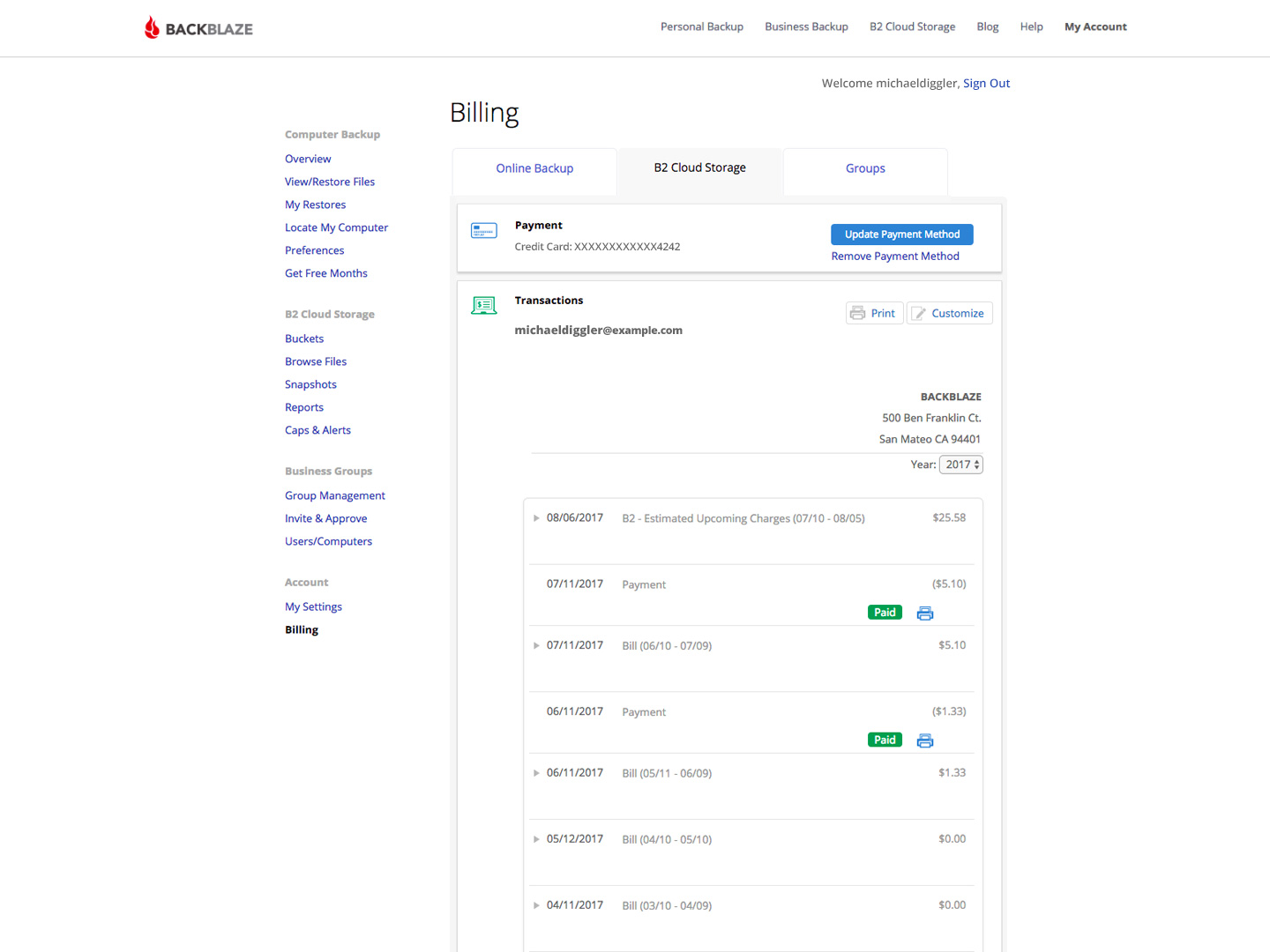 Backblaze B2 billing screenshot