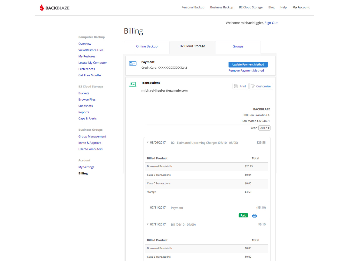 Backblaze B2 billing details screenshot