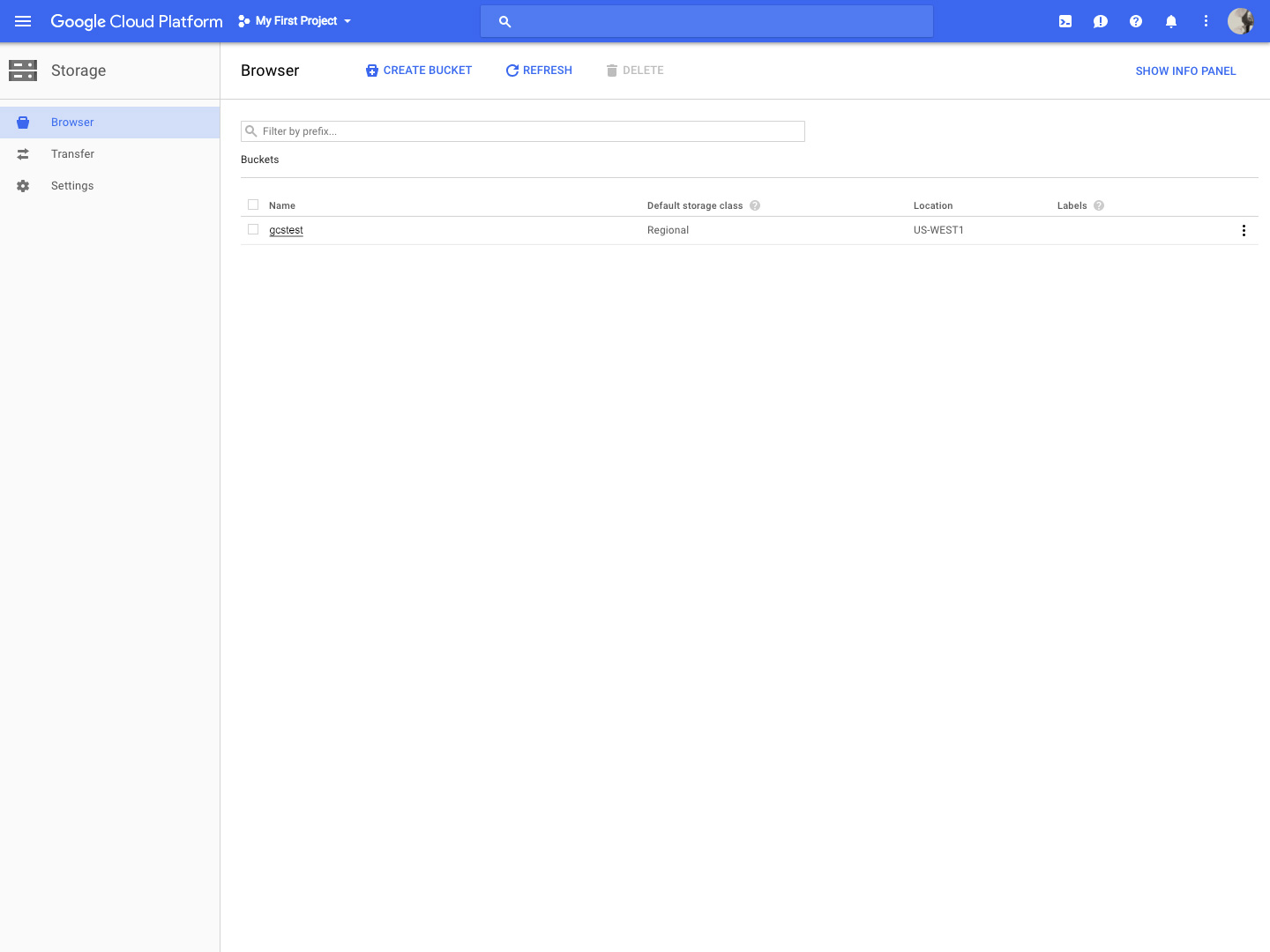 Google Cloud Storage Bucket screenshot