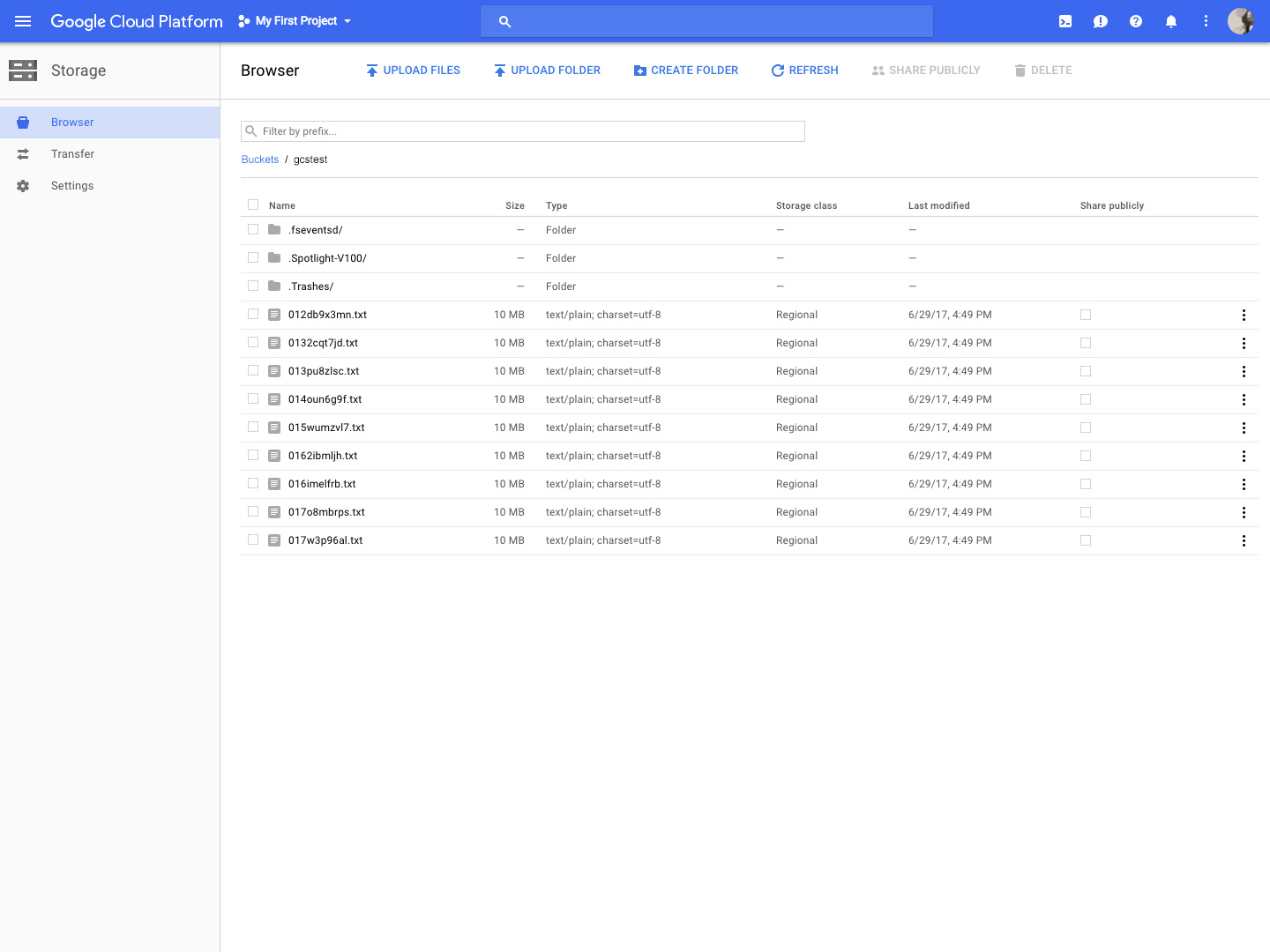 Google Cloud Storage bucket files screenshot