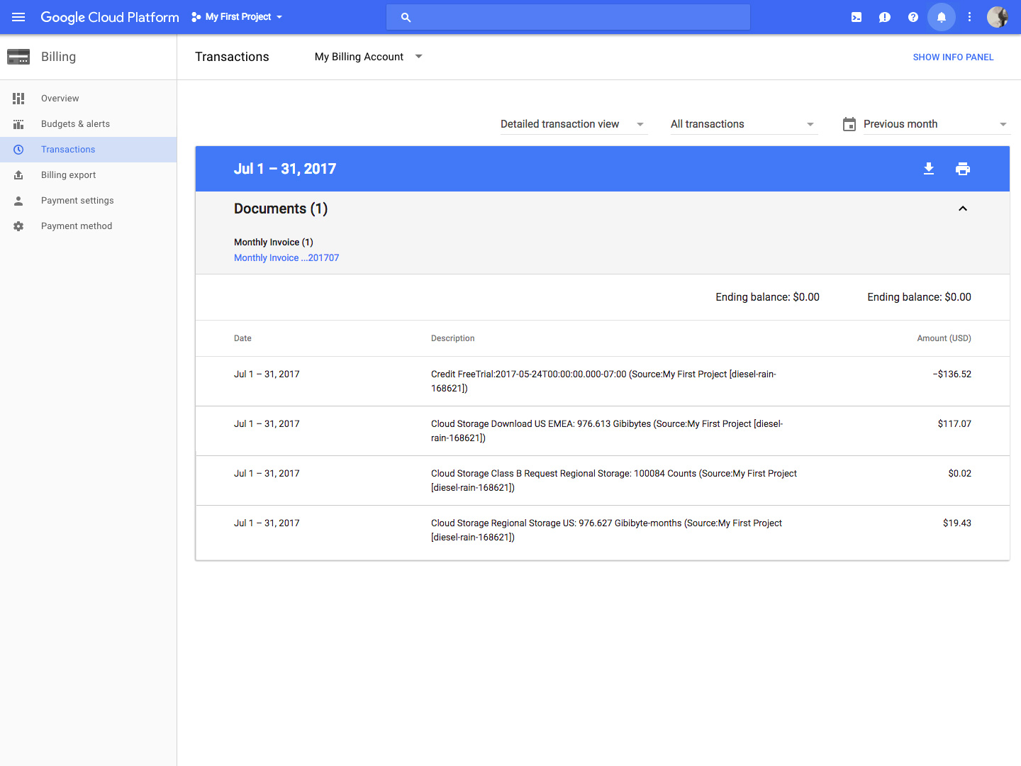 Google Cloud Storage billing details screenshot