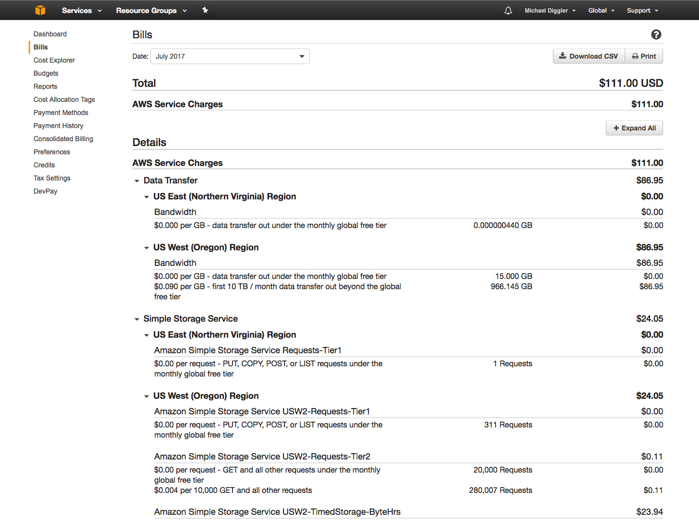 AWS billing details screenshot