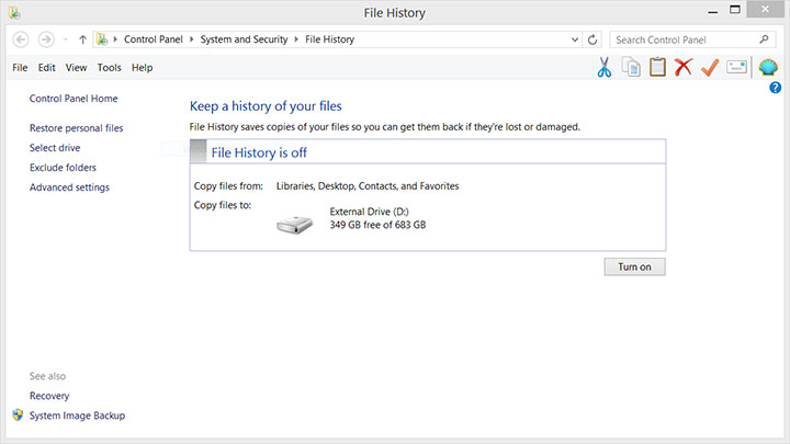 Windows Explorer File History screenshot