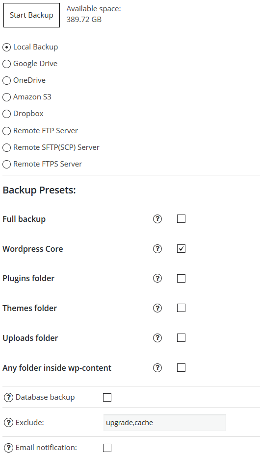 screenshot of Backup by Supsystic backup settings
