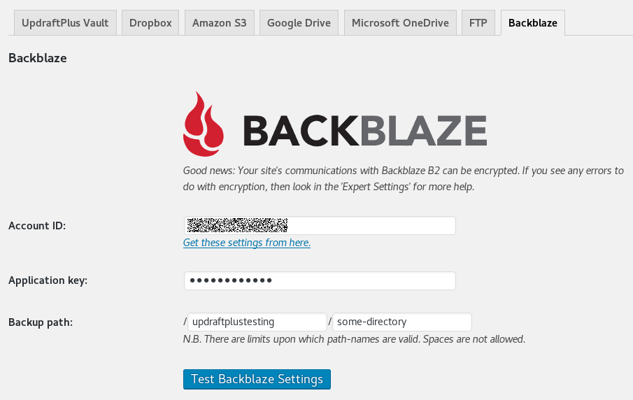 screenshot of Backblaze B2 cloud backup for WordPress in UpdraftPlus