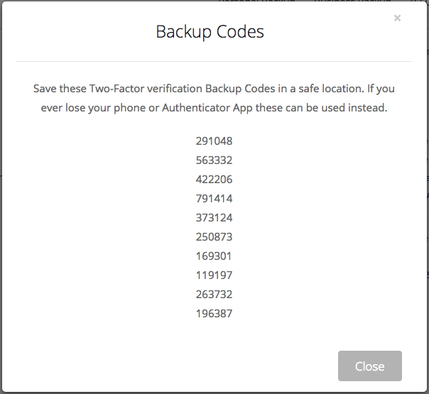 example of Backup Codes