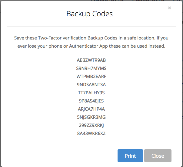 Example of Backup Codes