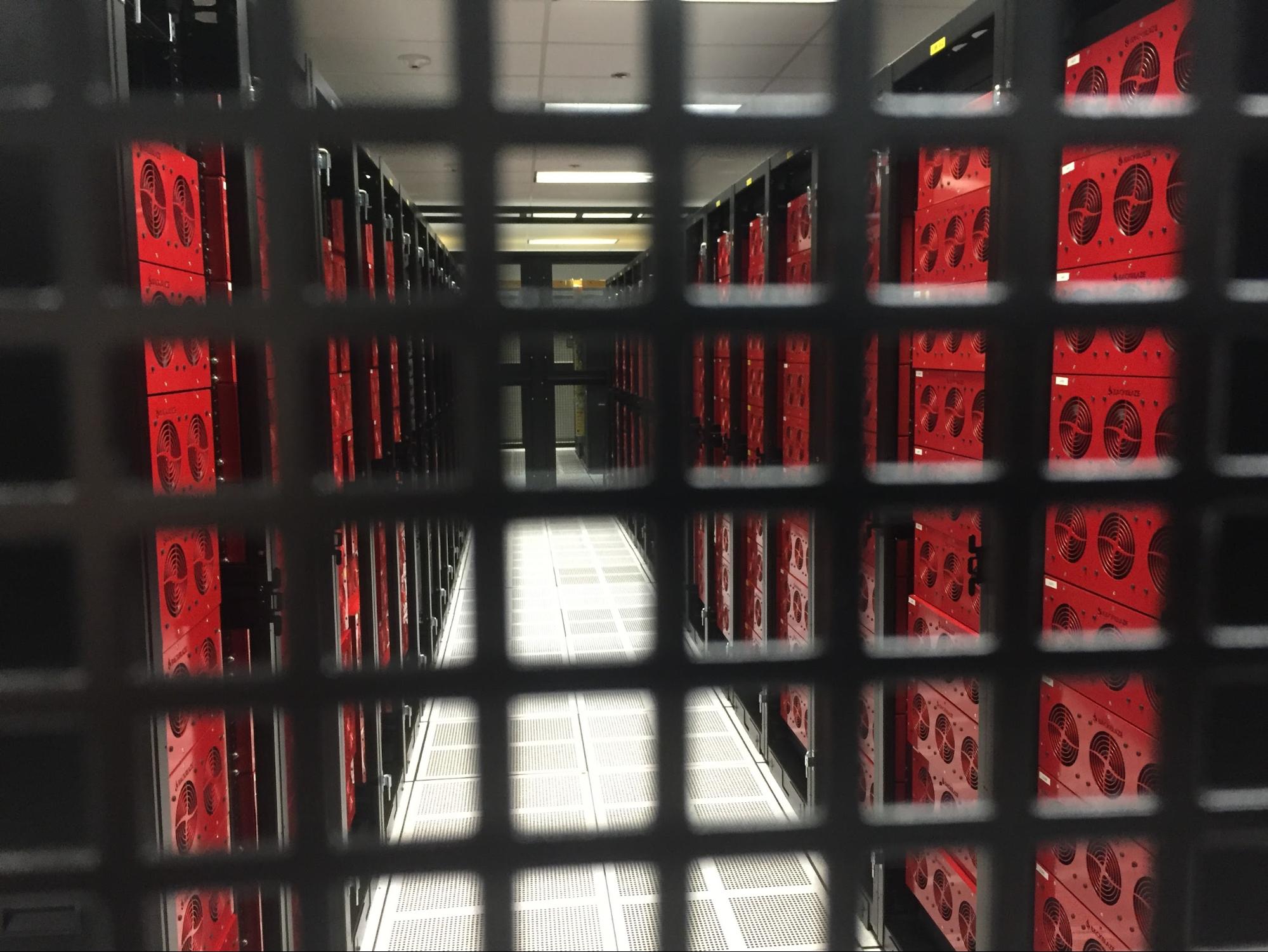 Backblaze racks secured in the data center