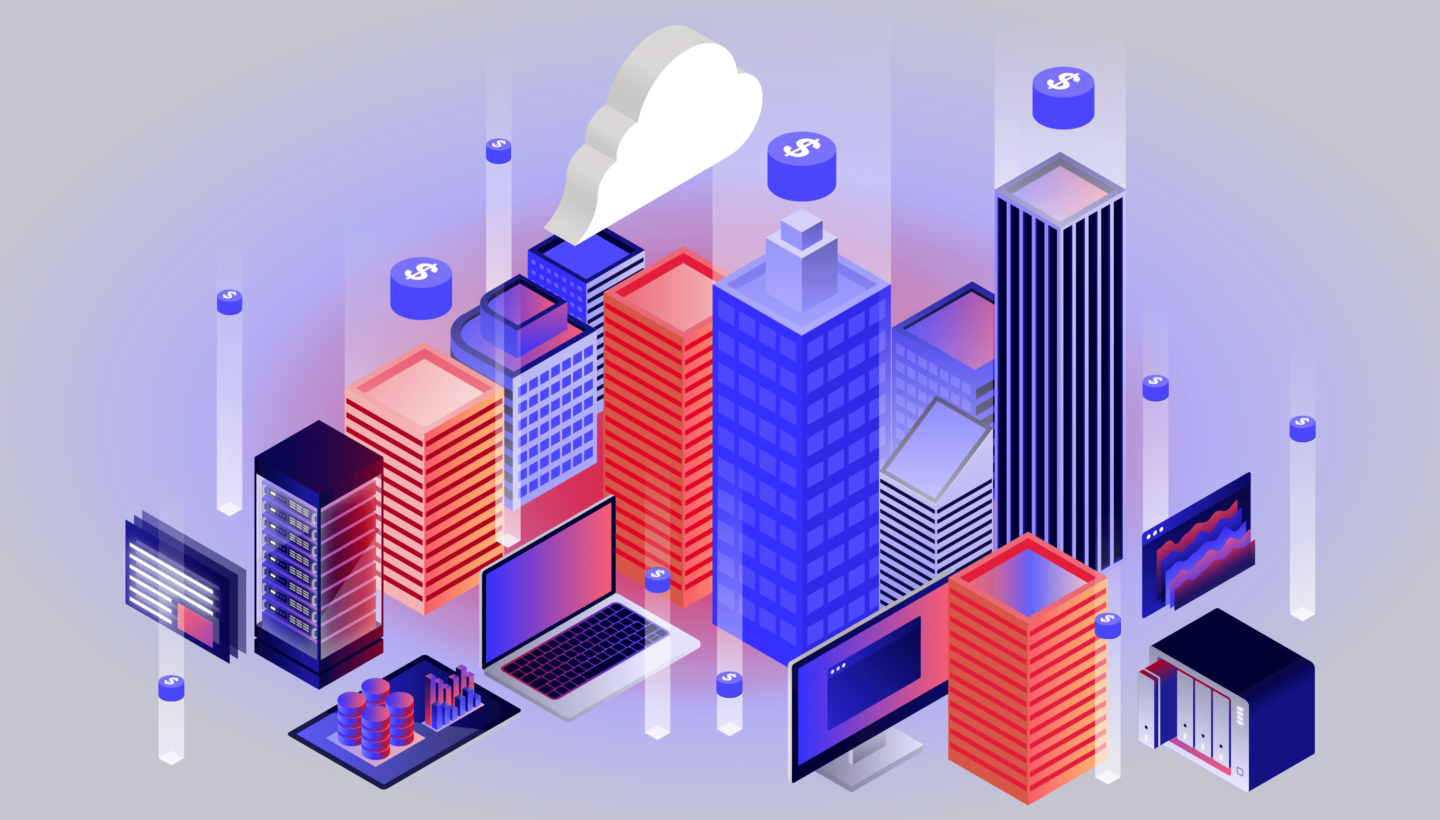 A decorative image showing buildings, data, and icons indicating cost.