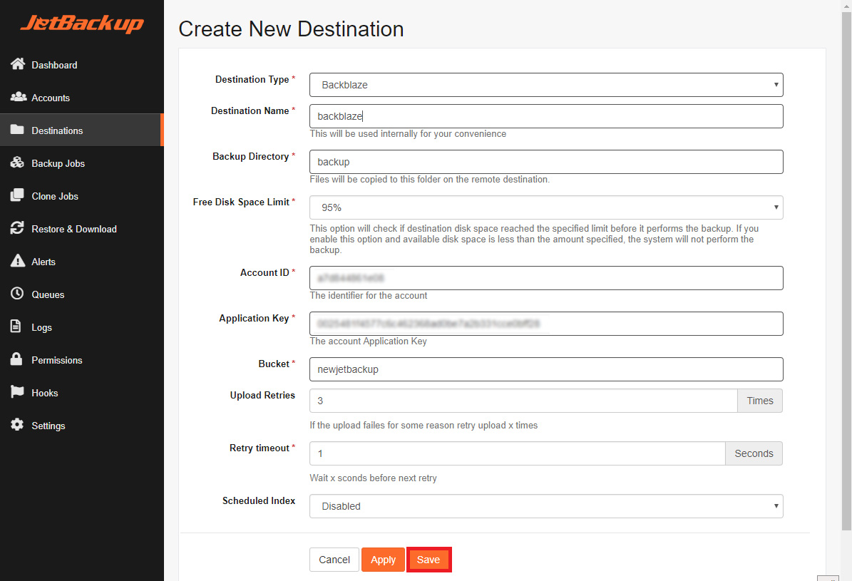 JetBackup configuration for B2