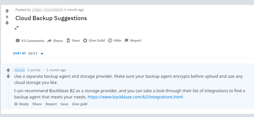 Cloud Backup Suggestions on Reddit