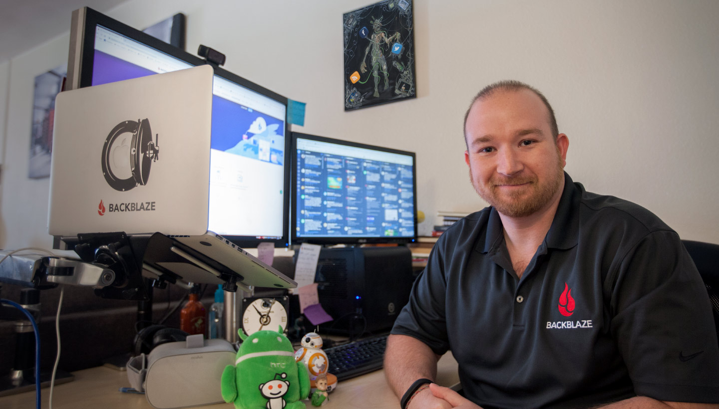 Social media manager Yev at his desk at Backblaze