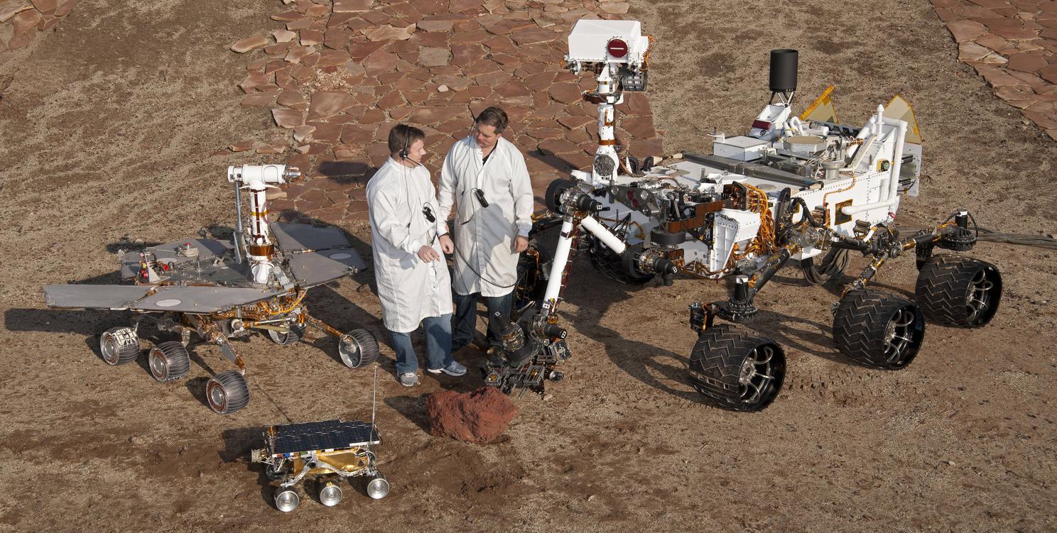 The Mars Rover family, clockwise from bottom left: Sojourner (1997), Spirit/Opportunity (2004), Curiosity (2012) 