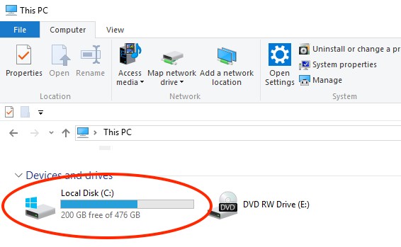Windows 10 Screenshot Shows Available Disk Space