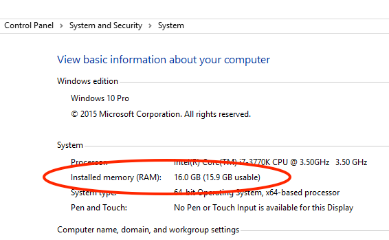 Windows 10 Screenshot Shows 16GB of RAM