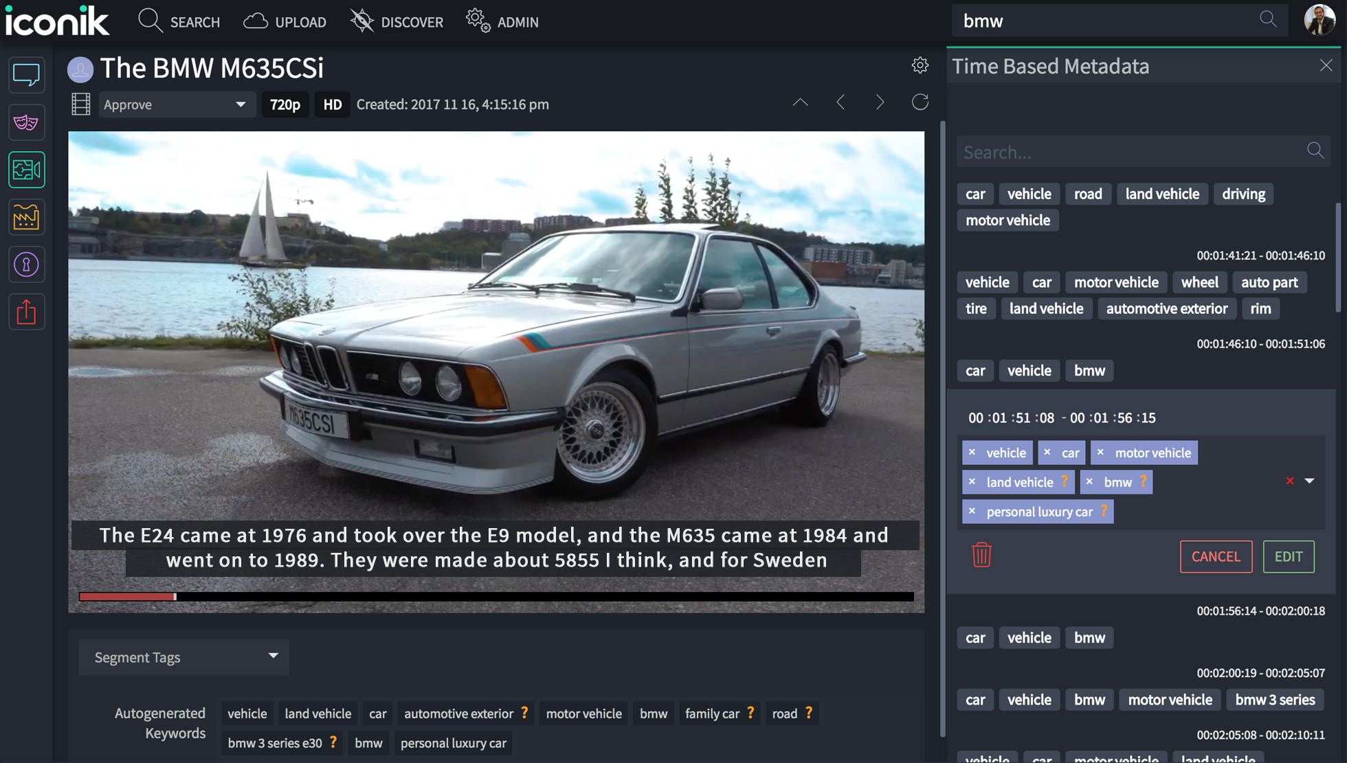 iconik MAM example displaying meta data for a BMW M635CSi