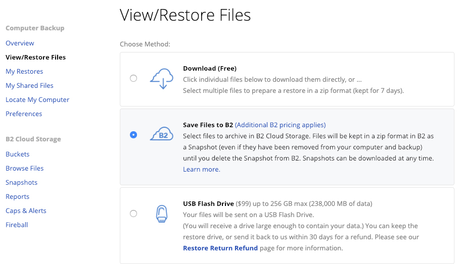 screenshot of the View/Restore Files options