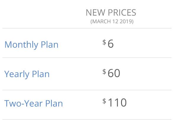 New prices March 12, 2019. Monthly Plan $6. Yearly Plan $60. Two-Year Plan $110.