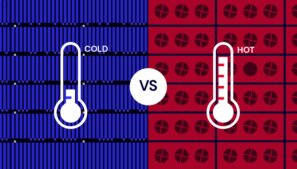 A decorative image showing two thermometers overlaying pictures of servers. The one on the left says "cold" and the one on the right says "hot". 