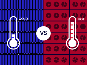 A decorative image showing two thermometers overlaying pictures of servers. The one on the left says "cold" and the one on the right says "hot".
