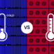 A decorative image showing two thermometers overlaying pictures of servers. The one on the left says "cold" and the one on the right says "hot".
