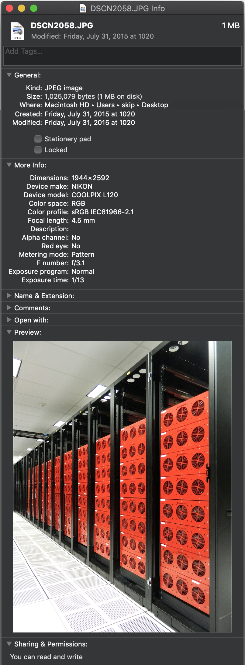 Results of a file inspected by an operating system's file manager