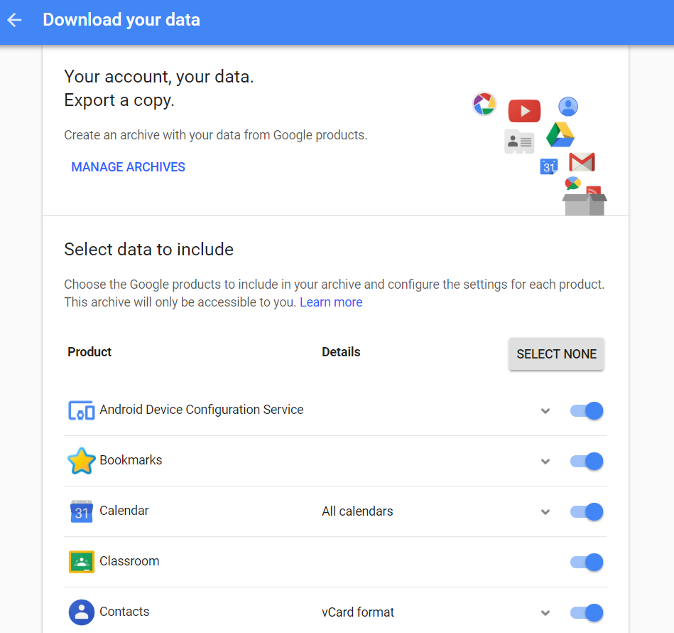 Google dialog to download your data