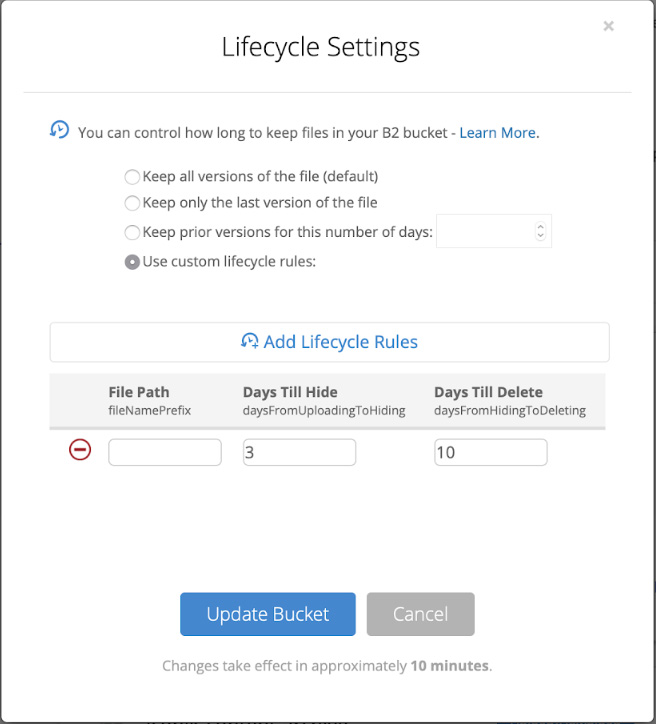 B2 Lifecycle Settings