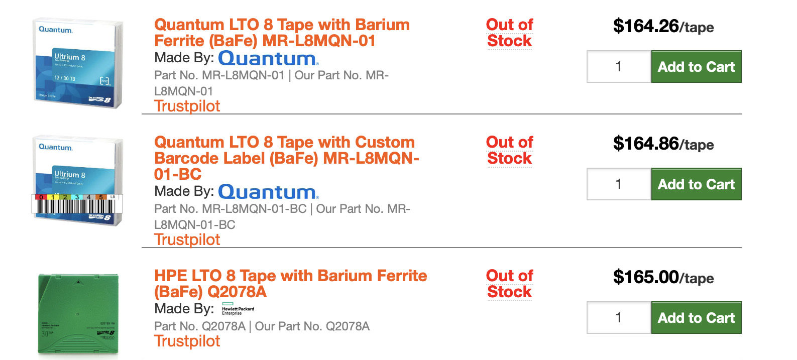 All LTO-8 tapes for sale at tapeandmedia.com are marked out-of-stock on June 8, 2019