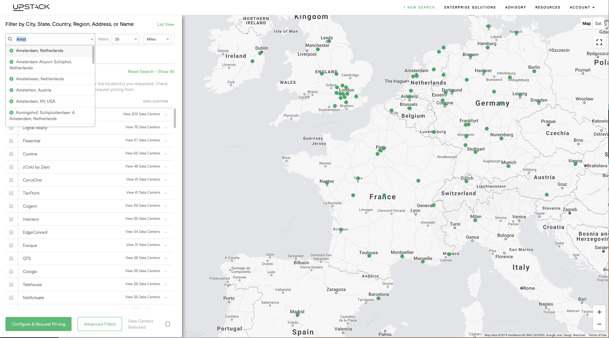 UpStack data center search map