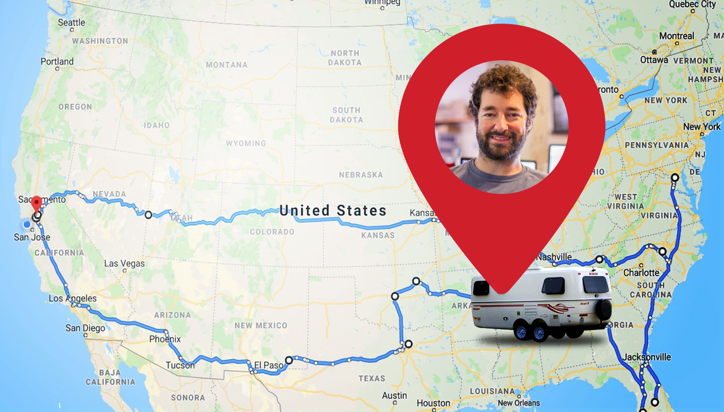 Map of the US and Elliott, digital nomad and Backblaze Senior Sysadmin