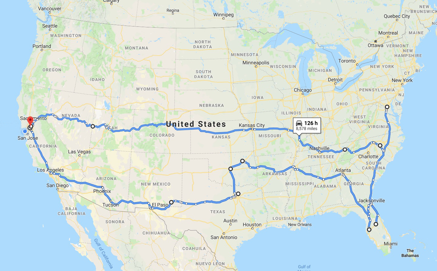 Elliott, Robin, and Stitch's travels mapped across the US
