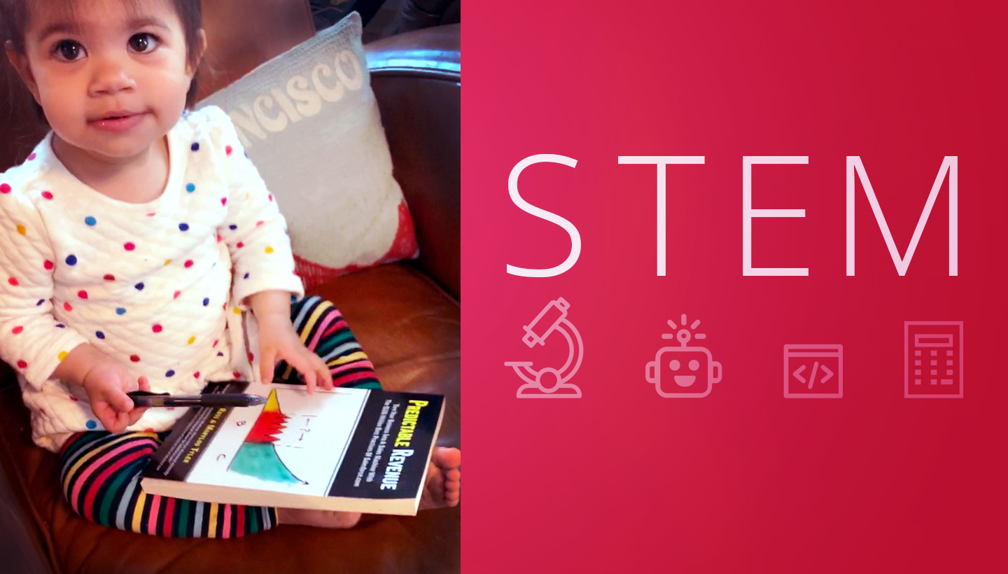 Science, Technology, Engineering and Math acronym (STEM) paired with graphic representations of each field and a photo of a young girl holding a statistics book.