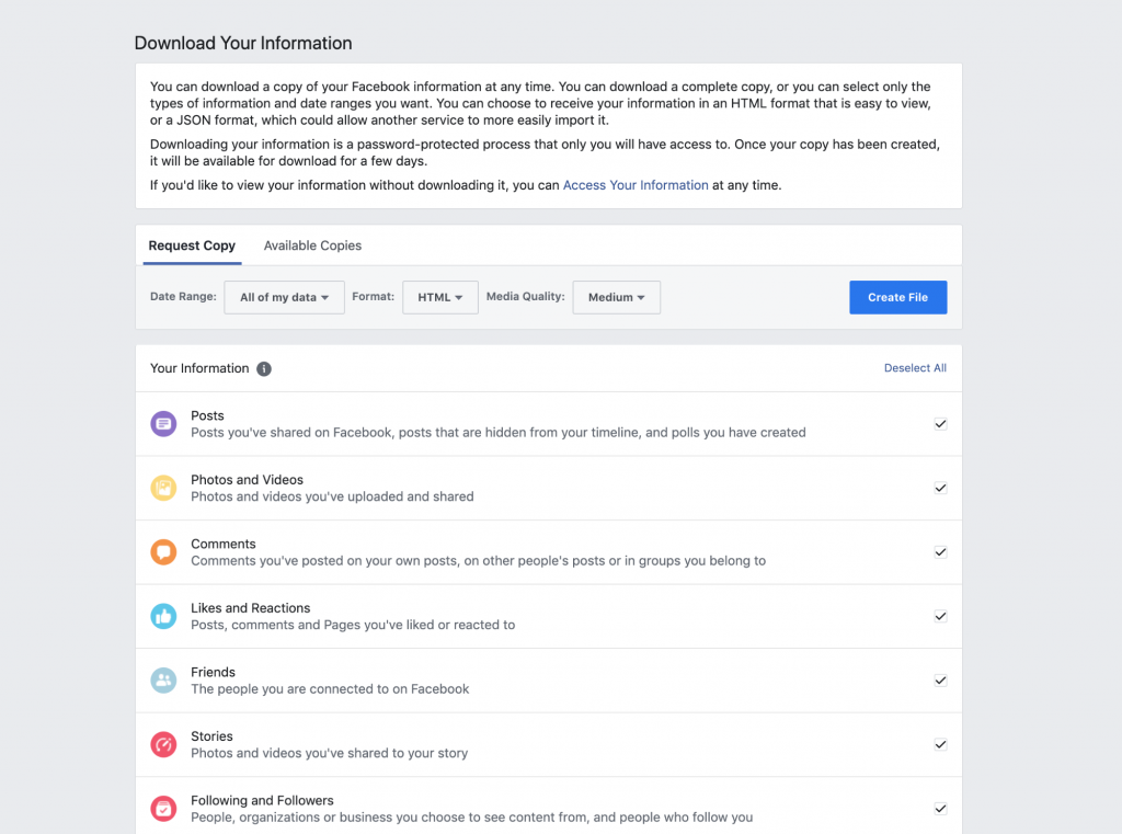 Facebook Information Download Page