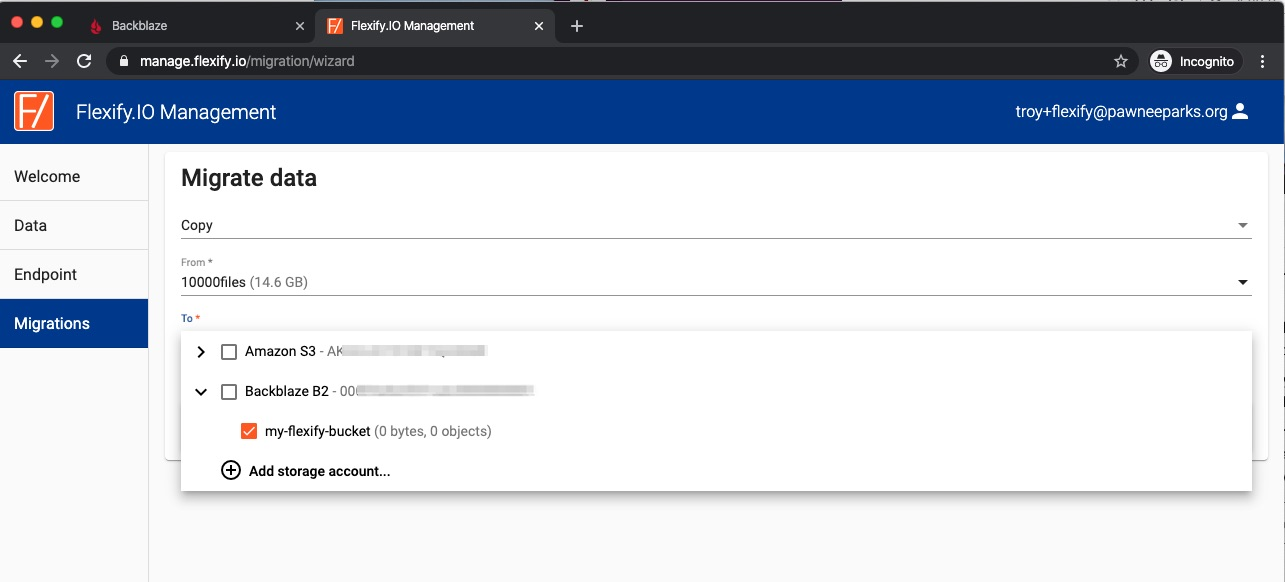 Flexify.IO Makes Migrating Data Between Cloud Storage Providers Easy Flexify.IO management console for migrating files from Amazon S3 to Backblaze B2