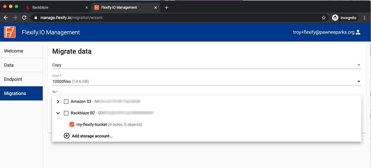 Flexify.IO management console for migrating files from Amazon S3 to Backblaze B2