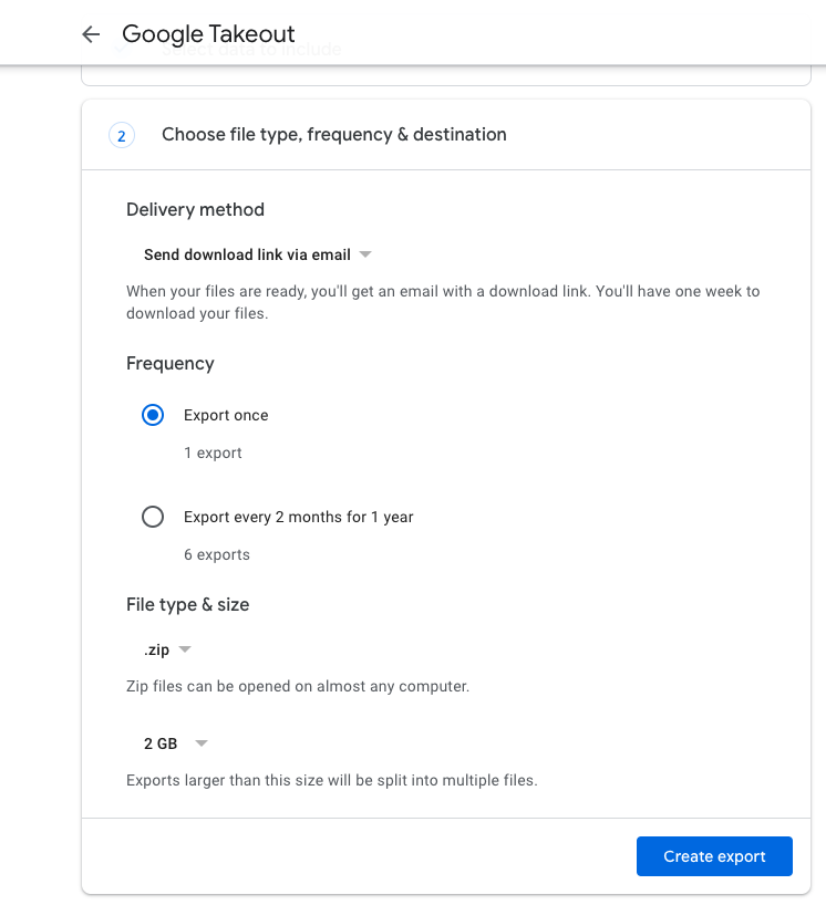 Google Takeout delivery method screenshot